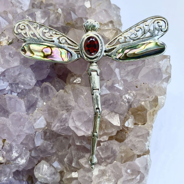 PD 09627 AB-GR-(925 BALI SILVER DRAGONFLY BROOCH PENDANT WITH ABALONE - GARNET)
